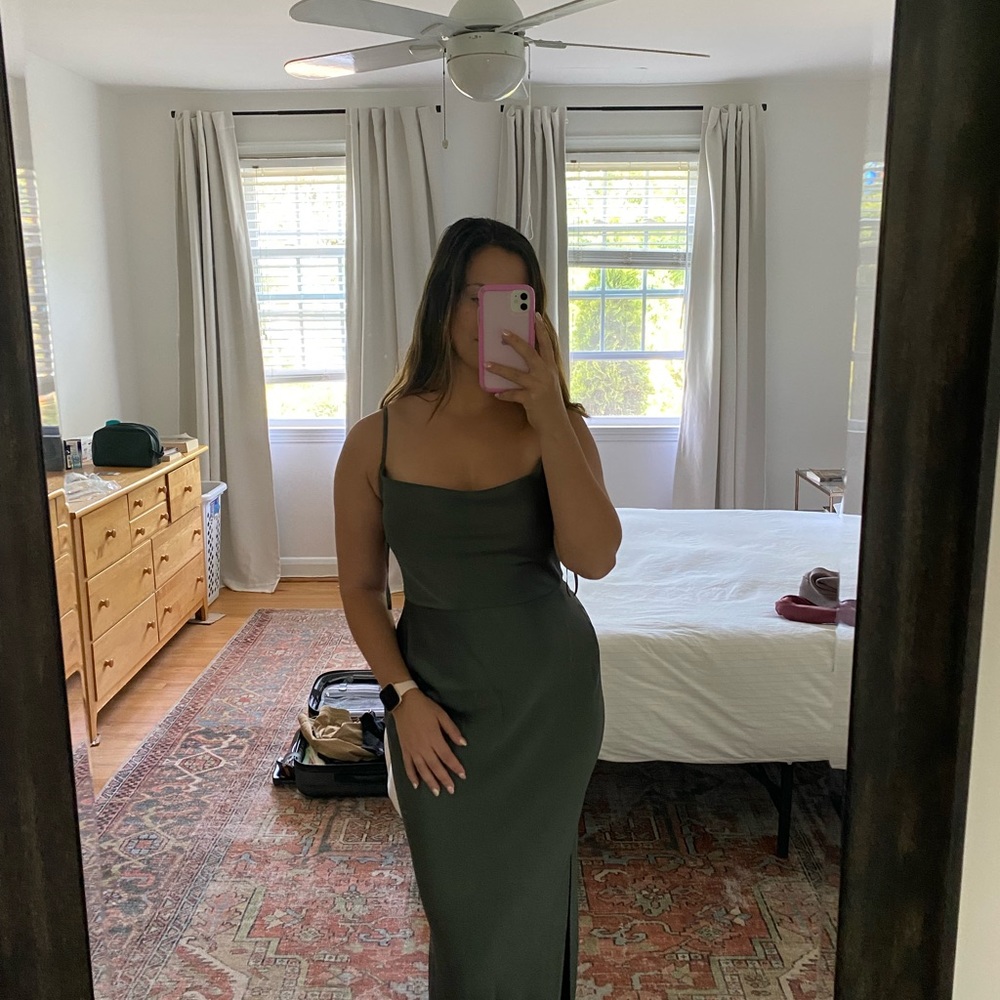 BHLDN Cali Satin Cowl-Neck Midi Slip Dress Size 10 Olive Green/Forrest - Picture 3 of 4
